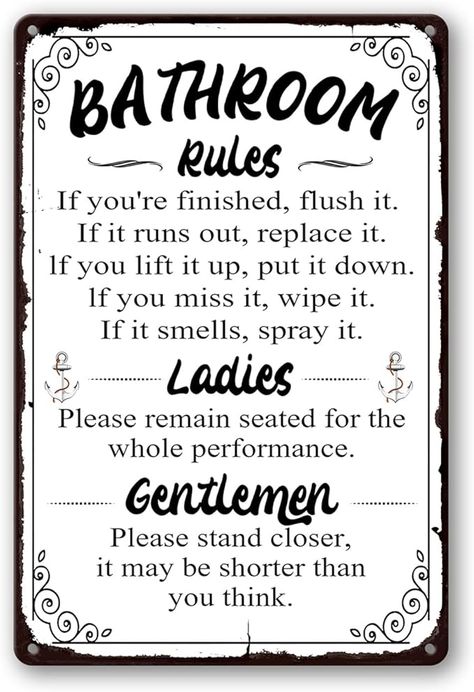 Funny Bathroom Rules Signs Metal Tin Sign, Please Flush Toilet Sign For Door, Stand Closer Its Shorter Than You Think Signs Guest Bathroom Black Wall Decor Humour Warning Sign Adult Home Decor 12×8 Inch #funny #bathroomrules #bathroomsign #bathroom #homedecor #bathroomdecor *this link is an affiliate link meaning if you make a purchase through this link I may earn a small commission* Bathroom Funny Signs, Toilet Rules Printable, Bathroom Black Wall, Toilet Rules Printable Funny, Bathroom Rules Printable Free, Disco Interior, Please Flush The Toilet Sign, Flush The Toilet Sign, Flush Toilet Sign Printable