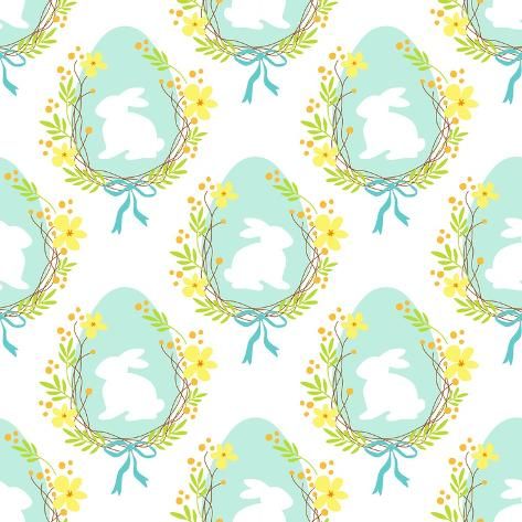 size: 12x12in Art Print: Cute Rustic Hand Drawn Easter Seamless Pattern with Wreath of Spring Flowers, Egg and Bunny for You by Cute Designs : Easter Pattern, Spring Pattern, Easter Prints, Garden Nursery, Art Coffee, Easter Design, Whimsical Garden, Nursery Wallpaper, Floral Vine