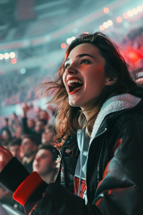 A woman wearing an outfit for a hockey game What To Wear To Boyfriend Hockey Game, Ice Hockey Game Outfit, Outfit For Hockey Game Cute, Nhl Outfit, Hockey Game Outfit Date, Cute Hockey Game Outfit, Hockey Game Outfits For Women, Women’s Hockey, Female Hockey Player