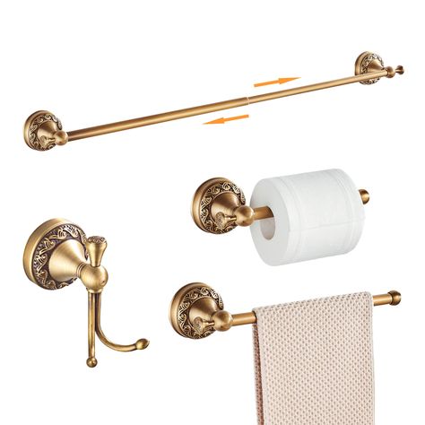 PRICES MAY VARY. Bathroom Accessories Set - Include Single Adjustable Towel Bar, Towel Holder, Toilet Paper Holder, Double Towel Hooks. High Quality - Made of Brass and Antique Bronze Finished, ensuring durability and dependability. Adjustable towel bar from 16.73 Inch to 29.13 Inch, you can install towel rod in any length,Meet your different needs Features: Retro and blue & white pattern ceramics design, add your bathroom exotic customs flavor High Weight Capacity - Heavy Duty, Hold steadily fo Boho Bathroom Hardware, Master Bath Hardware, Unique Bathroom Towel Hooks, Vintage Towel Rack, Bronze Hardware Bathroom, Antique Brass Bathroom Fixtures, French Vintage Bathroom, Antique Bronze Bathroom, Gold Towel Bar