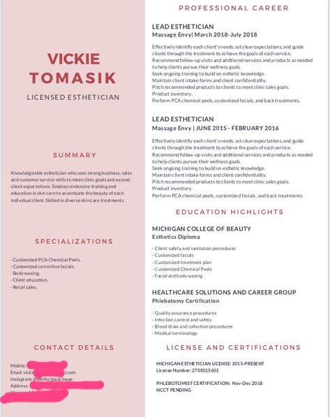 Esthetician sample resume. #Resumetips #Sampleresume #canva #esthetics Aesthetic Resume, Esthetician Resume, Esthetician Life, Resume Objective Statement, Esthetician School, Free Resume Template Download, Massage Envy, Esthetics Room, Resume Objective