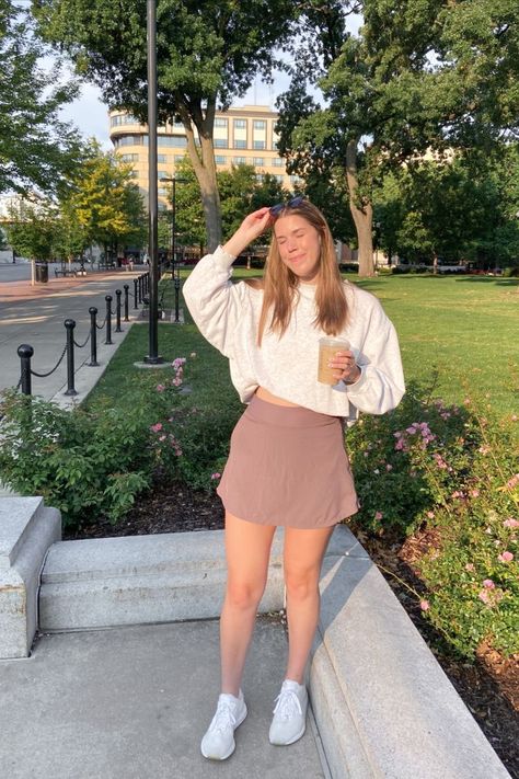 Morning Sunlight Aesthetic, Shoes Photo Ideas, Aesthetic Athleisure, Coffee Run Outfit, Sunlight Aesthetic, Run Outfit, Coffee Date Outfit, Workout Skort, Adidas White Shoes