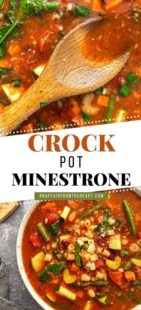 This Minestrone Soup is chock full of fresh vegetables, and so simple to make. Everything, including a jar of pasta sauce, goes right in the crock pot so you can set it and forget it, making this the perfect soup recipe for busy weeknights to lazy weekends. Canned Minestrone Soup, Progresso Minestrone Soup Recipe, Minestrone Soup Beef, Beef Minestrone Soup Crockpot, Minnestonie Soup, Homemade Minestrone Soup, Minastonie Soup, Crockpot Minestrone Soup Recipe, Ministroni Soup Recipe