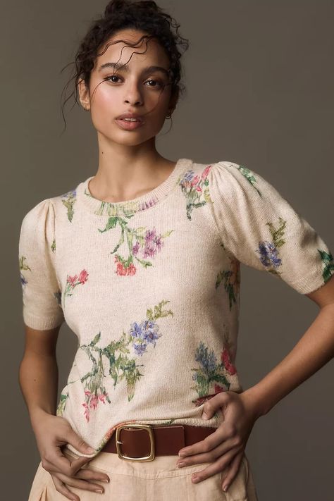 By Anthropologie Short-Sleeve Printed Sweater | Anthropologie Academia Business Casual, Sweater Star, Twofer Sweater, Simple Cardigan, Anthropologie Clothing, Curated Closet, Spring Sweater, Anthropologie Sweater, Spring Shirts