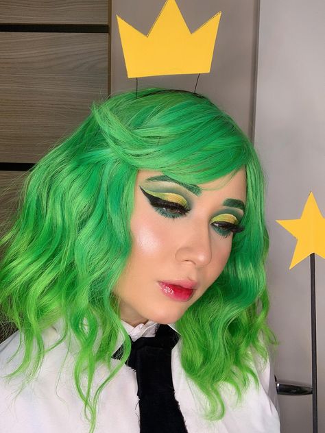 Fairly OddParents inspired makeup  #makeup #beauty Green Haired Halloween Costume, Costume With Green Hair, Green Wig Halloween Costume, Green Wig Costume Ideas, Costumes With Green Hair, Halloween Costumes Green Hair, Green Hair Halloween Costumes, Green Hair Costume Ideas, Green Hair Character