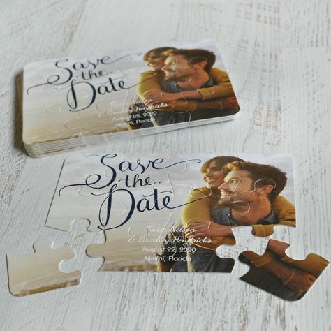 Save the date puzzles! Super cute and fun idea. 20 Year Anniversary Ideas, Wedding Puzzle Pieces, Relationship Contract, Elegant Wedding Colors, Save The Date Pictures, Gold Wedding Centerpieces, Engagement Photo Props, Themed Wedding Decorations, Wedding Puzzle