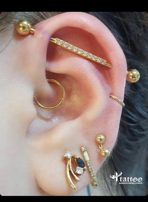 Ear Piercing Ideas With Industrial Bar, Industrial Piercing With Other Piercings, Daith And Industrial Piercing, Lob Piercing, Ear Piercing Ideas With Industrial, Industrial Piercing Aesthetic, Curated Piercings, Aesthetic Piercings, Piercing Inspiration