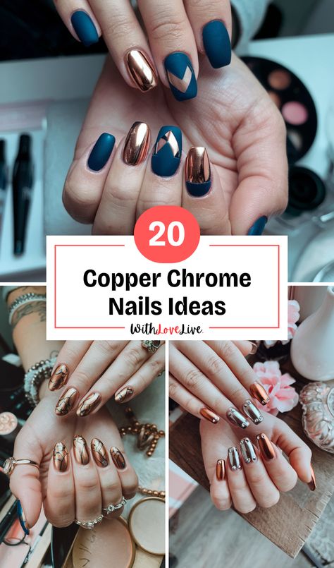 Transform your nail game with stunning copper chrome designs! ✨ Whether you prefer bold and edgy or soft and elegant, our curated collection has something for everyone. Explore the latest trends and techniques that make your nails shine! 💅 Save this pin for your next nail inspiration! Bronze Chrome Nails Designs, Copper Nails Acrylic, Copper Chrome Nails, Chrome Nails Ideas, Nails Copper, Copper Nails Designs, Chrome Designs, Gold Chrome Nails, Copper Nails