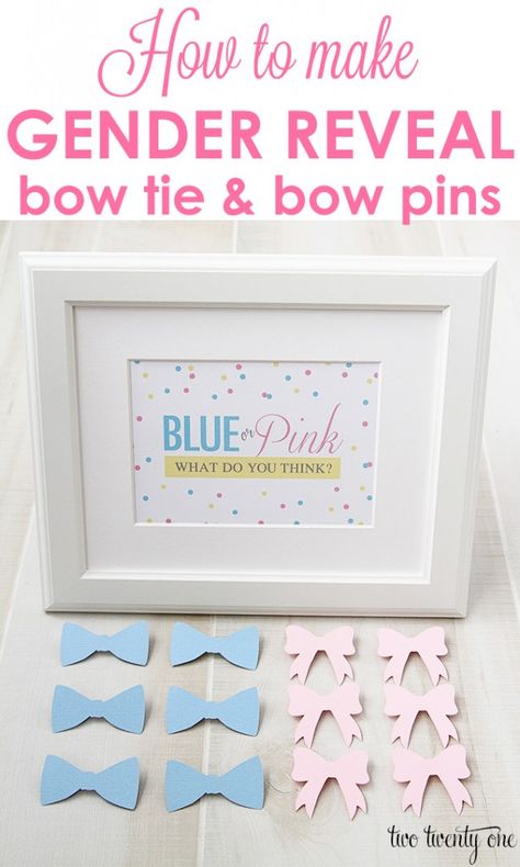 Today I’m sharing how I made the bow tie and bow pins for our gender reveal party.  They were super easy to assemble and didn’t cost less than $5 to make.  I thought they were a great way for our guests to wear their guesses.  I felt awkward telling people to wear blue or pink … Gender Reveal Activities, Reveal Party Games, Gender Reveal Unique, Free Baby Shower Games, Gender Reveal Party Games, Bow Gender Reveal, Baby Reveal Party, Gender Reveal Party Ideas, Reveal Party Ideas