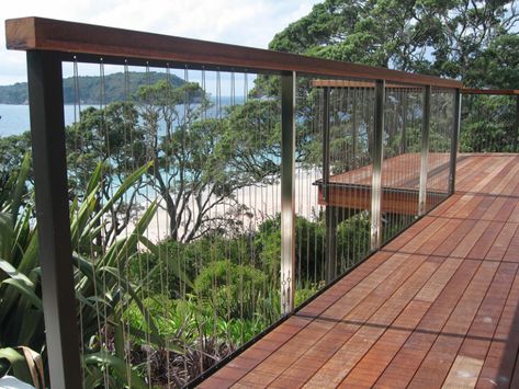 Nautic (wire rigged) style Balustrades - Stainless Works Balustrade Ideas Outdoor, External Balustrade, Deck Balustrade Ideas, Balustrade Ideas, Lake Deck, Reling Design, Glass Deck, Wire Balustrade, Fancy Fence