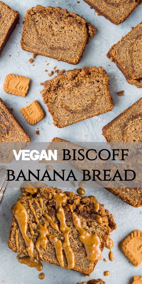 Vegan biscoff banana bread - this deliciously moist vegan banana bread is swirled with biscoff cookie butter and topped with a biscoff streusel. Banana bread but better! Eggless and dairy-free #vegan #bananabread #veganbaking #veganbananabread #vegancake Biscoff Banana, Vegan Banana Bread Easy, Banana Oat Bread, Edgy Veg, Vegan Banana Bread Recipe, Biscoff Recipes, Vegan Baking Recipes, Vegetarian Desserts, Moist Banana Bread