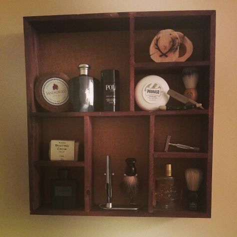 New shave station in my bathroom. Burlap backing on stained wood. Shaving Station, Beautiful Vanities, Bathroom Wood Shelves, Safety Razor Shaving, Mens Bathroom, Men Spa, Razor Stand, Master Barber, Vintage Shaving