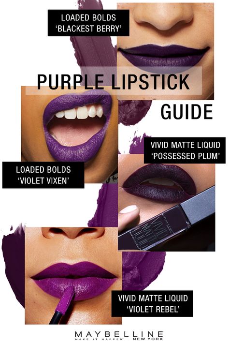 Just because it's starting to get cold out, doesn't mean you can't still rock a color on your lips! Purple lipstick is gorgeous for fall and you can go as vibrant or as vampy as you want.  Maybelline has purple lipsticks for every look this season in a creamy, opaque finish with the Color Sensational Loaded Bolds Lipsticks or a super hydrating, matte finish with the Color Sensational Vivid Matte Liquid Lipsticks. Maybelline Purple Lipstick, Purple Lipstick Black Women, Purple Lipstick Looks, Purple Lipstick Makeup, Deep Purple Lipstick, Purple Matte Lipstick, Dark Purple Lipstick, Violet Lipstick, Lipstick Guide