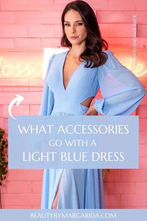 Looking for ideas on how to accessorize your light blue dress? Look no further! Our guide has got you covered with tips on the best jewelry, shoes, purse, and nail polish to pair with your pale or light blue dress! Dress: Ateliê Nosso Cabide Sky Blue Dress Jewelry, Nails For Sky Blue Dress, Light Blue Dress Winter Outfit, Light Blue Dress Accessories, Shoes For Light Blue Dress, Light Blue And Gold Outfit, Pale Blue Dress Outfit, Light Blue Dress Nail Ideas, Jewelry For Blue Dress