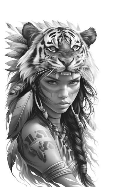 Aztec Women Tattoo, Tiger Headdress, Indian Women Tattoo, Native American Tattoo Designs, Headdress Tattoo, 30 Tattoo, Female Warrior Tattoo, Gladiator Tattoo, Mujeres Tattoo