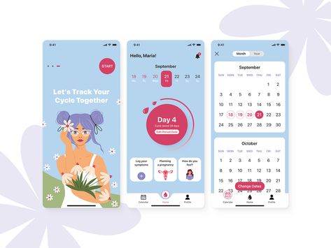 Period Tracking App by Tetiana Thiel on Dribbble Period Tracking Apps, Period Tracking App, Period Apps, Menstrual Calendar, Period Tracker App, Period Tracking, Track Period, Figma Design, Mobile App Design Inspiration