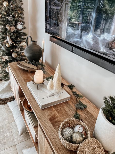 Boho Garland Tv Stand, Tv Stand Christmas, Media Console Christmas Decor, Tv Console Christmas Decor Garland, Neutral Christmas Tv Stand Decor, Christmas Decor Tv Console, Under Tv Christmas Decor, Christmas Tv Stand, Tv Stand Christmas Decor Ideas