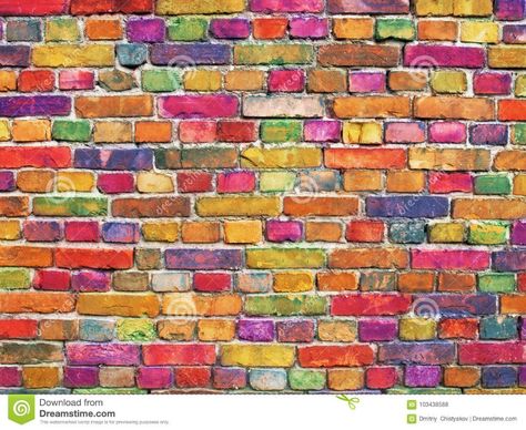 Multicolor Brick Wall, Bright Color Stone Surface Background Stock Photo - Image of dirty, urban: 103438588 Exterior Wall Art Painting, Colorful Brick Wall, Brick Wall Painting Art, Brick Wall Painting Ideas, Colored Brick Wall, Brick Mural, Colourful Walls, Painted Brick House Exterior, Garage Art Studio