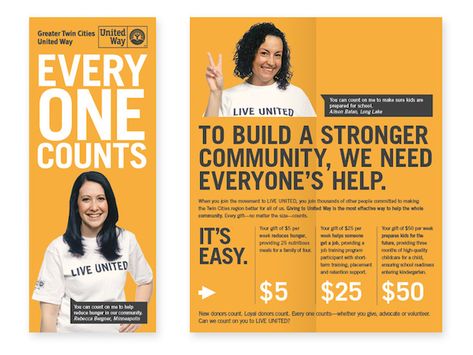 United Way Orange Nonprofit Brochure Example : Use a contrasting color to highlight important info -- If you want something to stand out from the text around it, use a contrasting color to make it pop. Color can be used to help indicate hierarchy in your design. Now if you are able to complementary colors, that’s even better and the content will stand out like a beacon. In this marketing brochure example, they use white text to highlight their motto and the donation values, while keeping all the Nonprofit Brochure Design, Non Profit Brochure, Nonprofit Brochure, Orange Template, Nonprofit Design, Business Description, Pamphlet Template, Brochure Examples, Capital Campaign