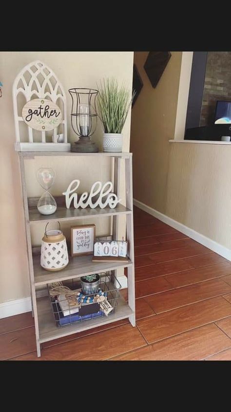 Small Living Room Ideas Apartment Bookshelf, Ladder Shelf Decor Entryway, Guest Room Shelf Decor, Entryway Ladder Shelf, Tiered Ladder Shelf Decor, Small Shelf Decor Living Room, Farmhouse Shelf Decor Living Room, 4 Tier Ladder Shelf, Small Ladder Decor Ideas