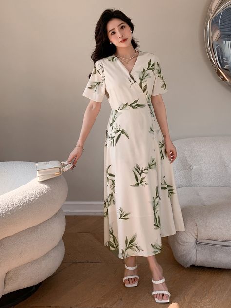 Apricot Casual Collar Short Sleeve Fabric Plants A Line Embellished Slight Stretch  Women Clothing Shein Dress Casual, Sunday Dress Outfit, Casual Wrap Dress, Fabric Plants, Plants Print, Casual Work Outfits Women, Modest Summer Dresses, Sunday Dress, Shein Outfits