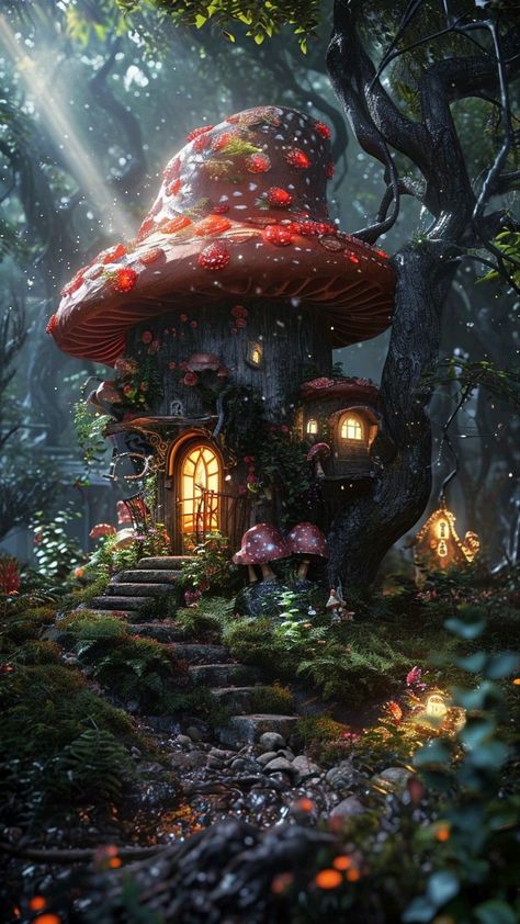 Halloween Forest Aesthetic, Fantasy Cottage Art, Fairy Mushroom House, Wave Photos, Magical Village, Mushroom Home, Whimsical Art Paintings, Fairy Village, Halloween Facts