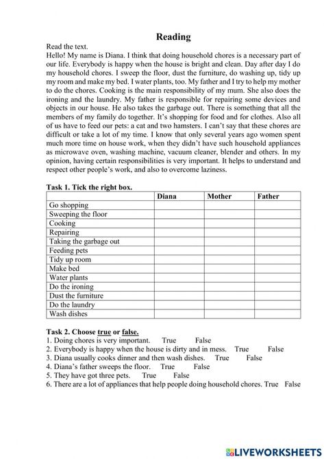 Household chores online worksheet for Grade 7. You can do the exercises online or download the worksheet as pdf. 7 Grade Worksheets, Grade 7 Comprehension Worksheets, Comprehension Exercises Grade 7, Reading Test Worksheet, As As Worksheets, House Hold Chores Worksheet, Grade 7 English Worksheets, English Worksheet Grade 3, 7th Grade Worksheets Free Printable