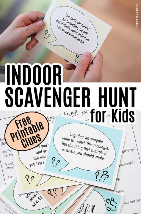 Follow the clues to find a fun surprise with this FREE printable indoor scavenger hunt for kids! Includes 10 clues and 2 blank cards to customize your own. Perfect rainy day activity for kids, playdate activity, or fun for a kids birthday party idea! Super cute free printables for kids! #scavengerhunt #forkids #freeprintables #kids Indoor Scavenger Hunt For Kids, Printables Organizational, البحث عن الكنز, Playdate Activities, Indoor Scavenger Hunt, Scavenger Hunt Riddles, Rainy Day Activities For Kids, Rainy Day Activity, Scavenger Hunt Birthday