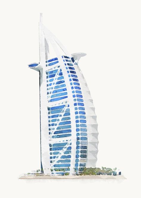 Watercolor Burj Al Arab clip art, Dubai hotel building illustration vector | premium image by rawpixel.com / ton Building Illustration Vector, Dubai Landmarks, Dubai Illustration, Building Sticker, Dubai Buildings, Dubai Location, Vector Building, Dubai Art, Copic Marker Art