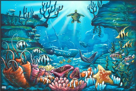 Under Water Scene Drawing, Mural Ocean, Underwater Art Drawing, Under The Sea Pictures, Under The Sea Drawings, Underwater Drawing, Sea Murals, Ocean Mural, Ocean Drawing