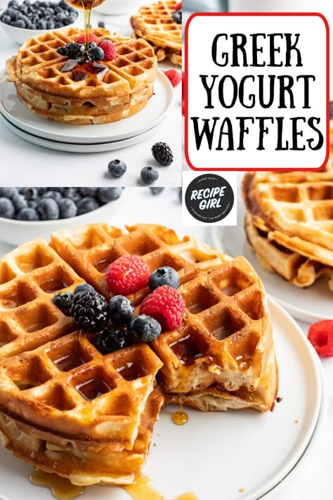 Greek Yogurt Waffles recipe from RecipeGirl.com #greek #yogurt #waffles #recipe #RecipeGirl Healthy Breakfast Waffles, Yoghurt Waffles, Recipe Using Yogurt, Yogurt Waffle Recipe, High Protein Waffle Recipe, Greek Yogurt Waffles, Yogurt Waffles, Greek Yogurt Banana Bread, Yogurt Banana Bread