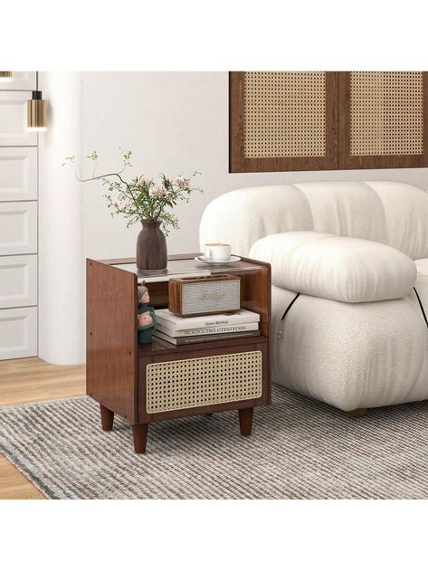 Bamboo Rattan Nightstand With Drawer And Solid Wood LegsI discovered amazing products on SHEIN.com, come check them out! Boho Bedside Table, Boho Nightstand, Rattan Nightstand, Side Tables For Bedroom, Natural Living Room, Side Table With Drawer, Rattan Sofa, Sofa Side Table, Bedroom Night Stands