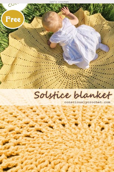 Crochet the Solstice Children Blanket Free Pattern Crochet Sunshine Blanket, Crochet Sun Blanket, Solstice Crochet, Sunshine Crochet Pattern, Sunshine Baby Blanket, Crochet Blanket Round, Sunshine Crochet, Cute Crochet Projects, Baby Girl Gift Ideas