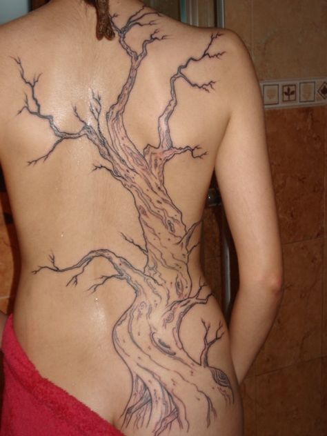 Long Tree Tattoo, Spine Tree Tattoo, Tree On Back Tattoo, Lower Back Tree Tattoo, Big Tree Tattoo On Back, Back Tattoo Tree, Big Tree Tattoo, Tree Stump Tattoo, Full Body Tree Tattoo