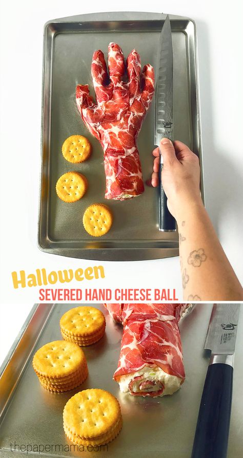 Halloween Appetizers Cheese Ball, Frankenstein Cheese Ball, Halloween Meat And Cheese Hand, Cheese Hand Halloween, Procuitto Hand Halloween, Halloween Vegetable Tray Ideas, Cheese Ball Recipes Halloween, Severed Hand Cheese Ball, Spooky Halloween Snacks For Adults