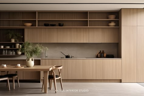 Muji Interior Design, Modern Scandinavian Kitchen, Modern Kitchen Island Design, Warm Wood Tones, Japandi Kitchen, Showroom Inspiration, Japandi Living Room, Japandi Interior Design, Interior Studio