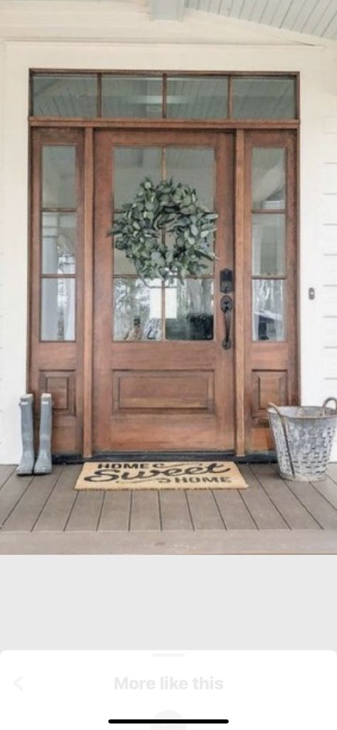 Oak Shutters Exterior, Large Wood Front Door, Farmhouse Wood Entry Door, Large Front Doors Entrance, Farmhouse Front Door Ideas, Double Front Entry Doors With Transom, Wood Front Door With Transom, Natiral Wood Front Door, Exterior Front Door Ideas