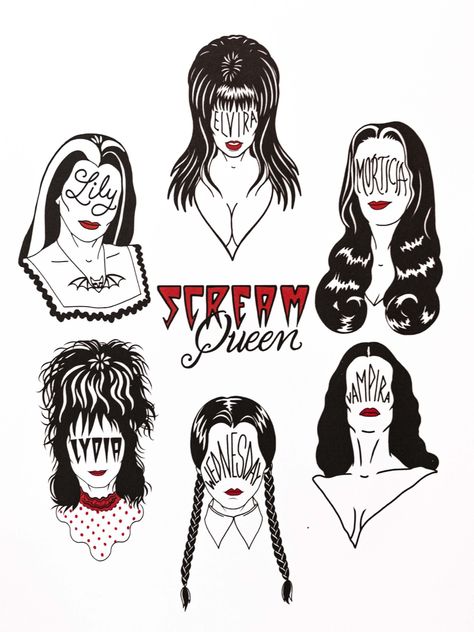 Scream Queen Tattoo, Elvira Tattoo Design, Elvira Drawing, The Craft Tattoo, Queens Tattoo, Elvira Tattoo, Scream Tattoo, Halloween Tattoo Flash, Tattoo Character