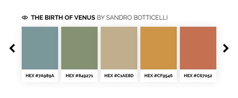 Birth Of Venus Color Palette, Venus Color Palette, Venus In Virgo, Venus Palette, Venus Painting, Birth Of Venus, Sandro Botticelli, Color Pallets, Color Palettes