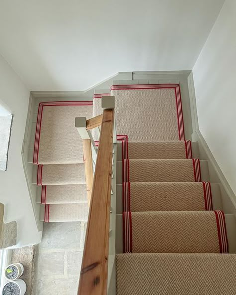 Eclectic Stair Runner, Bold Stair Runner, Red Stair Runner, Striped Stair Carpet, Painted Stairs With Runner, Cottage Carpet, Carpet Runner On Stairs, Stair Carpet Ideas, Red Staircase