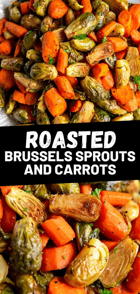 This easy sheet pan side dish features Roasted Brussels Sprouts and Carrots tossed with garlic and simple seasonings. Cook in 35 minutes! Roasted Brussel Sprouts And Carrots, Brussel Sprouts And Carrots, Roasted Baby Carrots, Parsley Leaves, Honey Roasted Carrots, Roasted Sprouts, Lunch Healthy, Roasted Vegetable Recipes, Dried Thyme