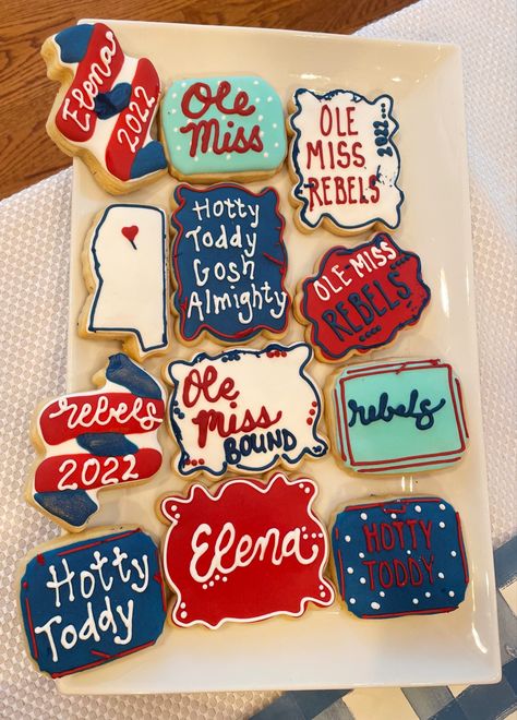 Red blue and white cookies on a white platter Ole Miss Grad Party, Ole Miss Graduation Party, Ole Miss Graduation, Grad Party Cookies, Graduate Party, College Grad Photos, Party Cookies, Hotty Toddy, Ole Miss Rebels