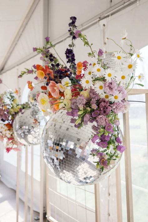 Floral Disco Ball, Disco Wedding, Ball Ideas, Instagram 2023, Warehouse Wedding, Floral Chandelier, Dappled Light, Pink Wedding Dresses, Hello May