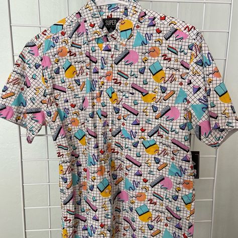 Men Size Small Button Down Retro Print Shirt 80s Button Up Shirt Women, Fun Button Up Shirt, Patterned Button Up, Funky Button Up Shirts, Dress Shirts, Patterned Button Up Shirts, Collard Shirt, Coding Shirts, 90s Fashion Men