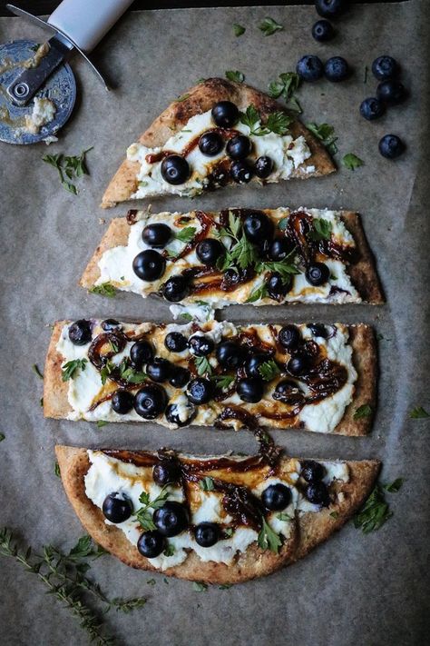 Blueberry, Goat Cheese & Caramelized Onion Pizza - Goat Cheese Caramelized Onion, Goat Cheese Flatbread, Goat Cheese Spread, Caramelized Onion Pizza, Goats Cheese Flatbread, Blueberry Goat Cheese, Fancy Foods, Naan Flatbread, Healthy Kid Friendly Meals