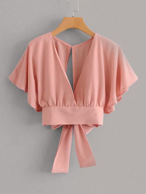 Tie Back Butterfly Sleeve Blouse | SHEIN Woman Blouse Design, Butterfly Sleeves Blouse, Sew Blouse, Butterfly Tops, Minimal Stil, Butterfly Sleeve Top, Butterfly Sleeve Blouse, Butterfly Blouse, Trendy Blouse