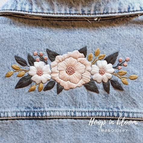 DIY peony denim jacket. #upcycledfashion #embroideryjacket #floralembroidery #diyembroidery Embroidery Jacket Denim, Floral Denim Jacket, Embroidery On Jeans Jackets, Embroidered Denim Jacket Diy, Trendy Floral Embroidery Denim Jacket For Fall, Jean Jacket Embroidery Ideas, Embroidery Denim Jacket, Denim Jacket Embroidery Ideas, Jacket Embroidery