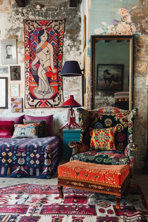 21 Eclectic Bedroom Ideas Eclectic Maximalism Wallpaper, Bohemian Eclectic Wallpaper, Maximalist Rustic Decor, Eclectic Maximalism Bedroom, Maximalist Bedroom Blankets, Artsy Apartment, Maximalism Bed Room￼, Artist Bedroom, Sweet Home Design