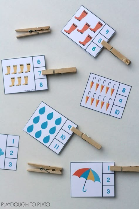 Number Clip Cards, Weather Activities For Kids, Preschool Weather, Playdough To Plato, Math Centers Kindergarten, Montessori Math, Kindergarten Centers, Weather Activities, Counting Activities