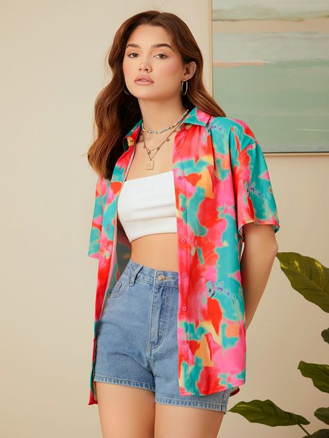 SHEIN Drop Shoulder Tie Dye Blouse Tie And Dye Shirts For Women's, Hawian Shirt Outfits Women, Colourful Shirt Outfit, Tie Dye Shirts Outfit, Hawaiian Outfit Women Casual, Hawaiian Fits, Trendy Hawaiian Button-up Shirt For Beach, Half Shirt Outfits Women, Hawaii Shirt Style Women